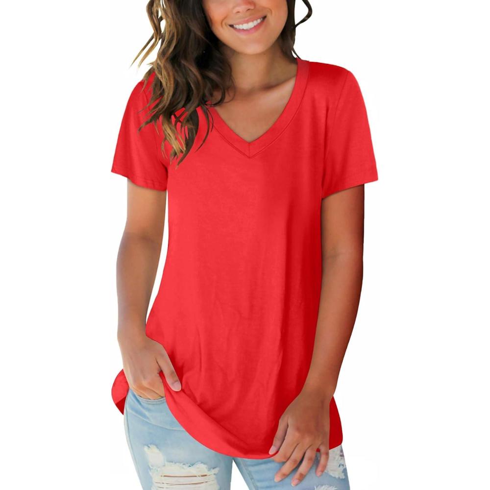 imageSAMPEEL Womens V Neck TShirts Casual Summer Loose Fit Short Sleeve Tops Basic TeesRed