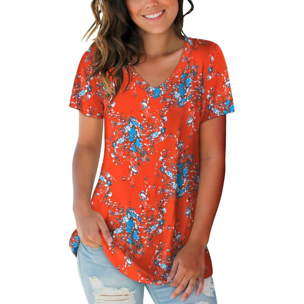 imageSAMPEEL Womens V Neck TShirts Casual Summer Loose Fit Short Sleeve Tops Basic TeesRed Floral