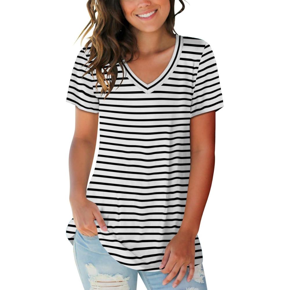 imageSAMPEEL Womens V Neck TShirts Casual Summer Loose Fit Short Sleeve Tops Basic TeesStripe Black