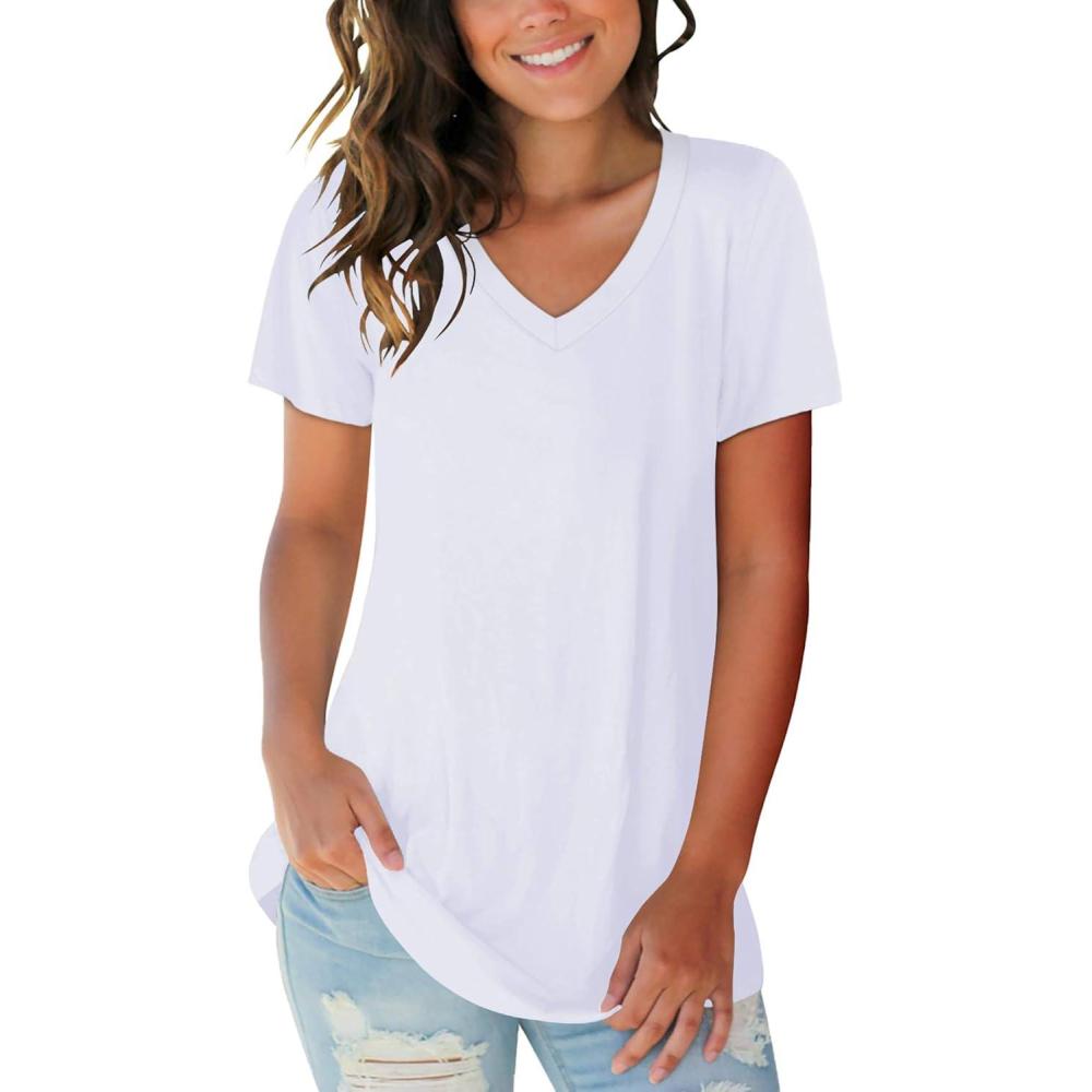 imageSAMPEEL Womens V Neck TShirts Casual Summer Loose Fit Short Sleeve Tops Basic TeesWhite