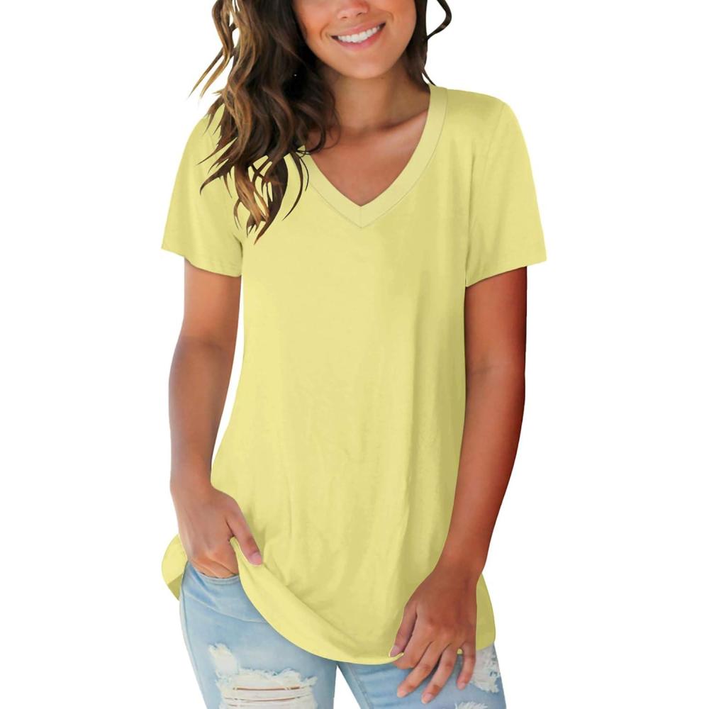 imageSAMPEEL Womens V Neck TShirts Casual Summer Loose Fit Short Sleeve Tops Basic TeesYellow