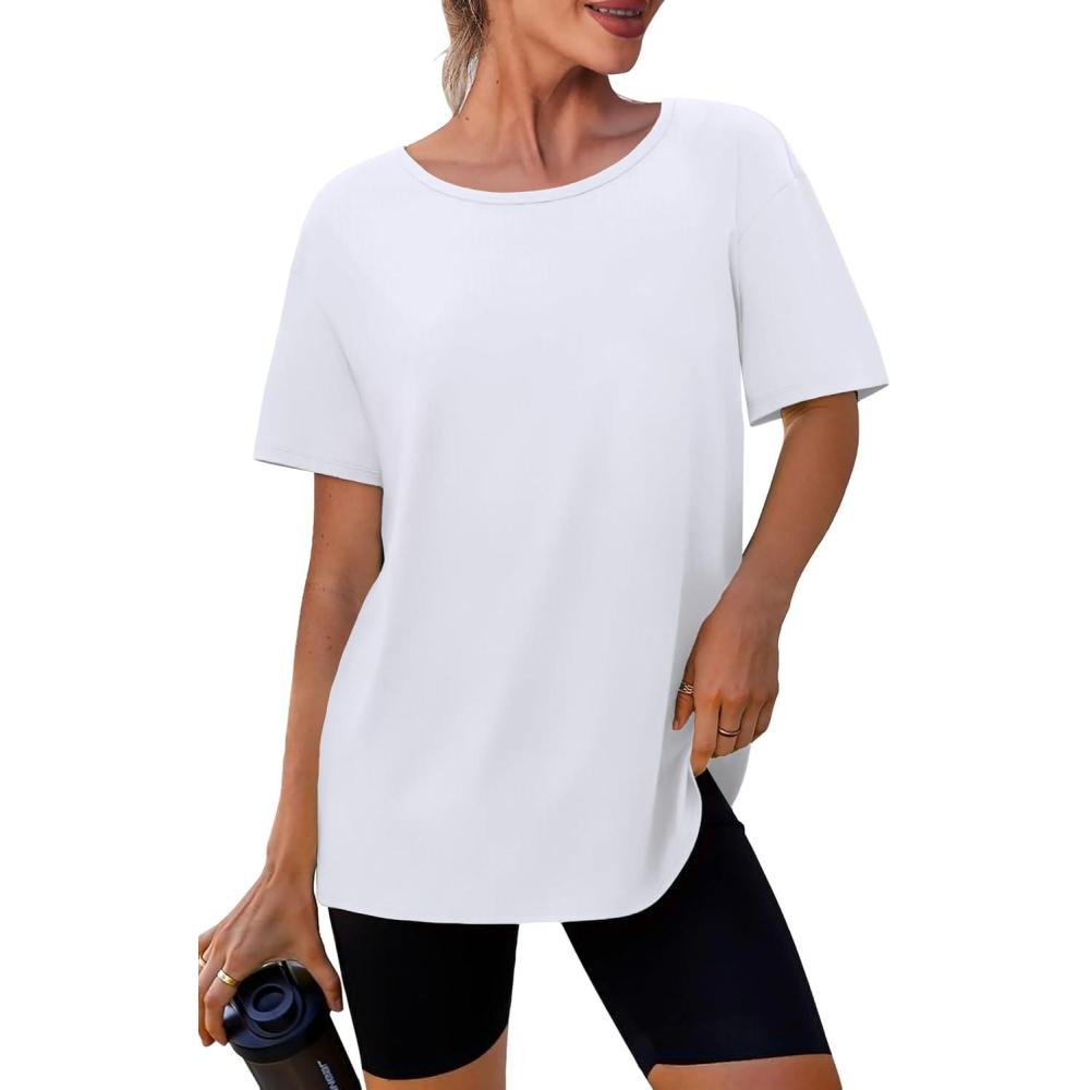 imageSAMPEEL Womens Workout Tops Oversized T Shirts Loose Fit Crewneck Short Sleeve Summer Sun Protection UPF 50All White