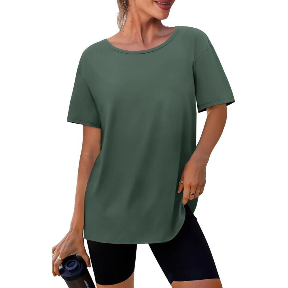 imageSAMPEEL Womens Workout Tops Oversized T Shirts Loose Fit Crewneck Short Sleeve Summer Sun Protection UPF 50Green