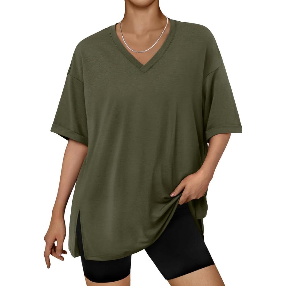 imageTrendy Queen Oversized Tshirts for Women Workout Plus Size Tops V Neck Short Sleeve Gym Shirts Casual Loose Fit Basic TeesArmy Green