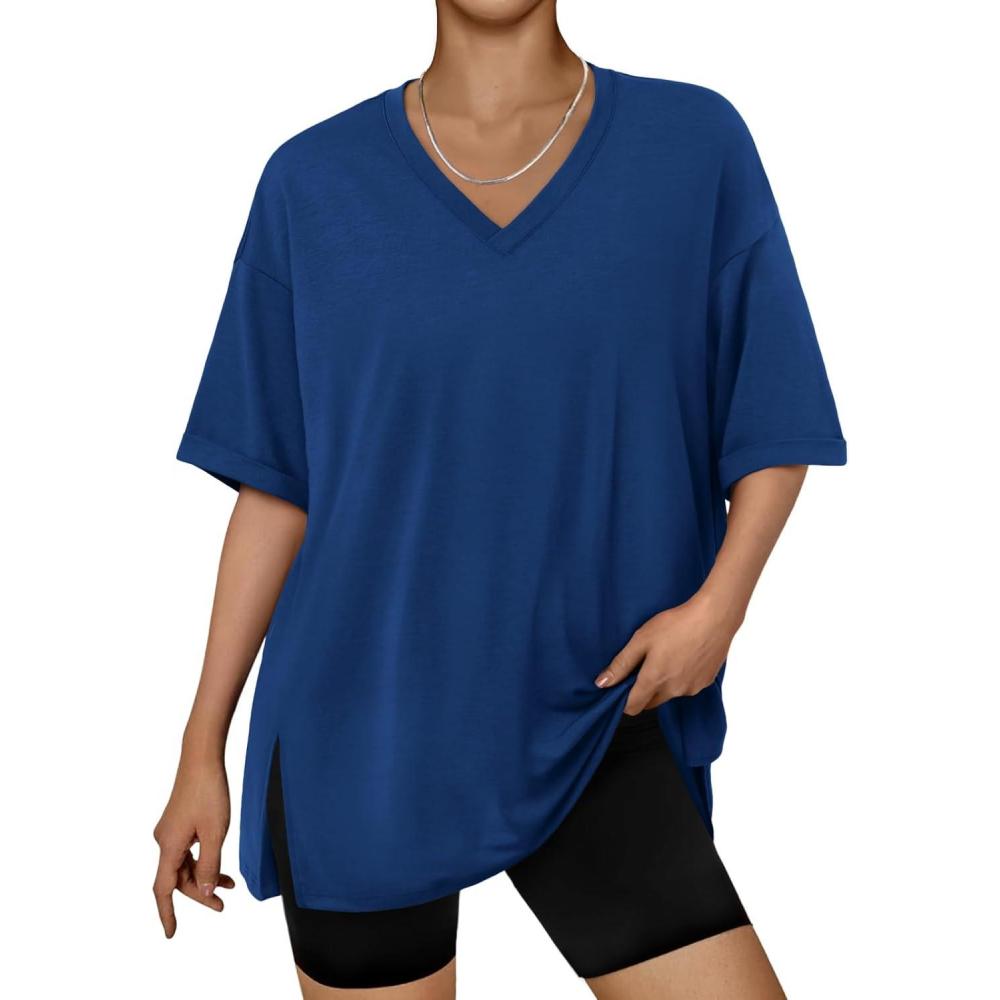 imageTrendy Queen Oversized Tshirts for Women Workout Plus Size Tops V Neck Short Sleeve Gym Shirts Casual Loose Fit Basic TeesBlue