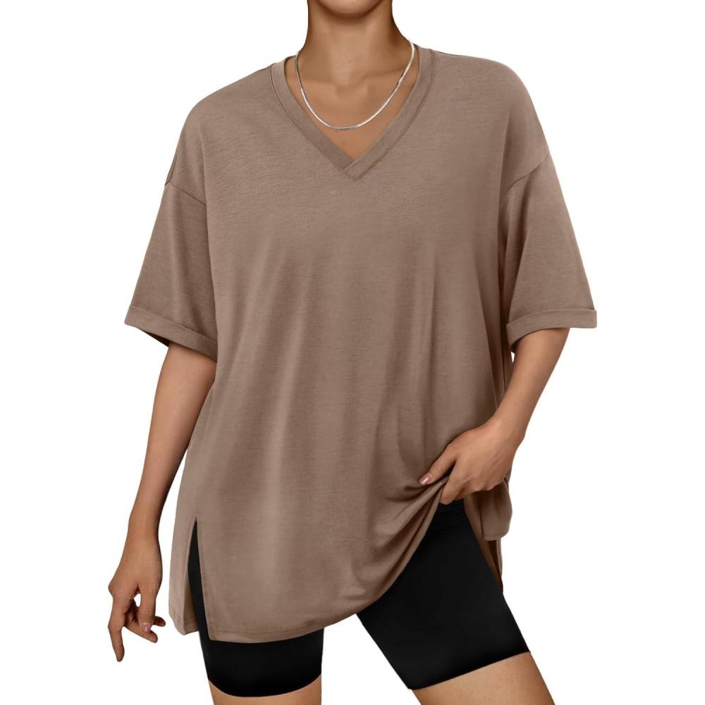 imageTrendy Queen Oversized Tshirts for Women Workout Plus Size Tops V Neck Short Sleeve Gym Shirts Casual Loose Fit Basic TeesBrown