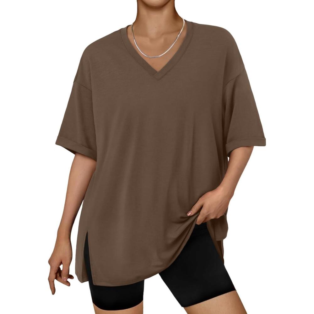 imageTrendy Queen Oversized Tshirts for Women Workout Plus Size Tops V Neck Short Sleeve Gym Shirts Casual Loose Fit Basic TeesCoffee Brown
