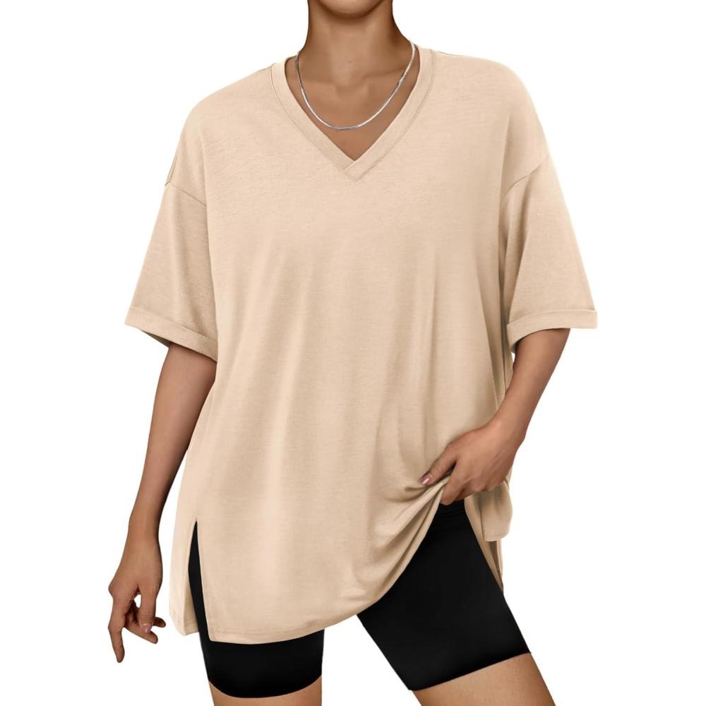 imageTrendy Queen Oversized Tshirts for Women Workout Plus Size Tops V Neck Short Sleeve Gym Shirts Casual Loose Fit Basic TeesLight Khaki