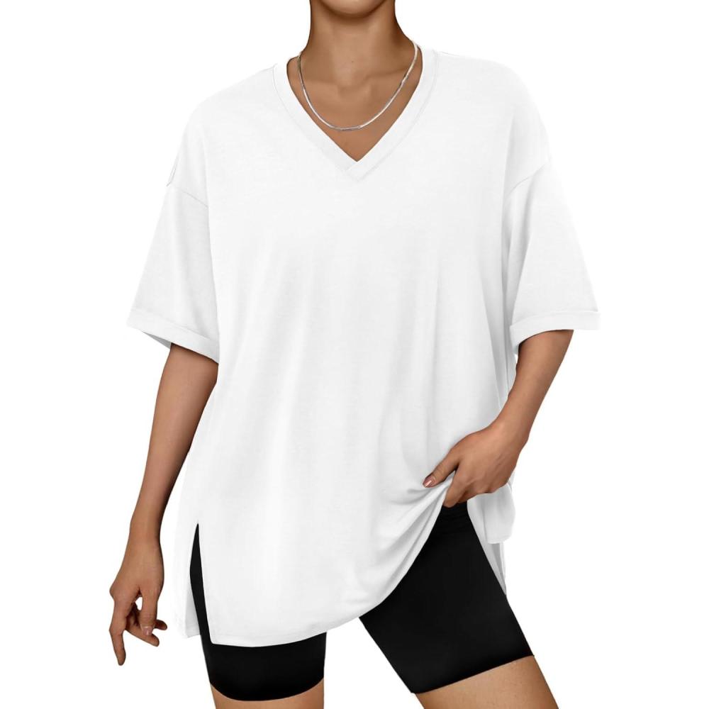 imageTrendy Queen Oversized Tshirts for Women Workout Plus Size Tops V Neck Short Sleeve Gym Shirts Casual Loose Fit Basic TeesWhite