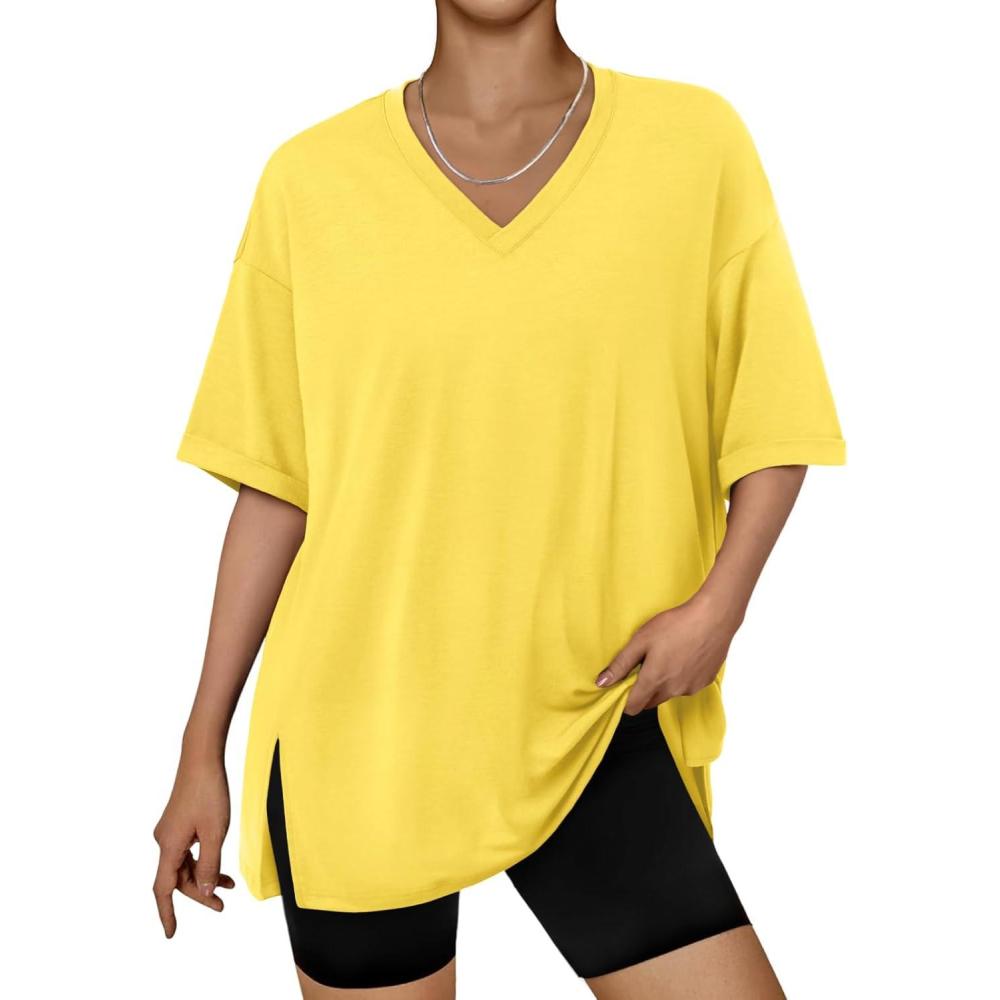 imageTrendy Queen Oversized Tshirts for Women Workout Plus Size Tops V Neck Short Sleeve Gym Shirts Casual Loose Fit Basic TeesYellow
