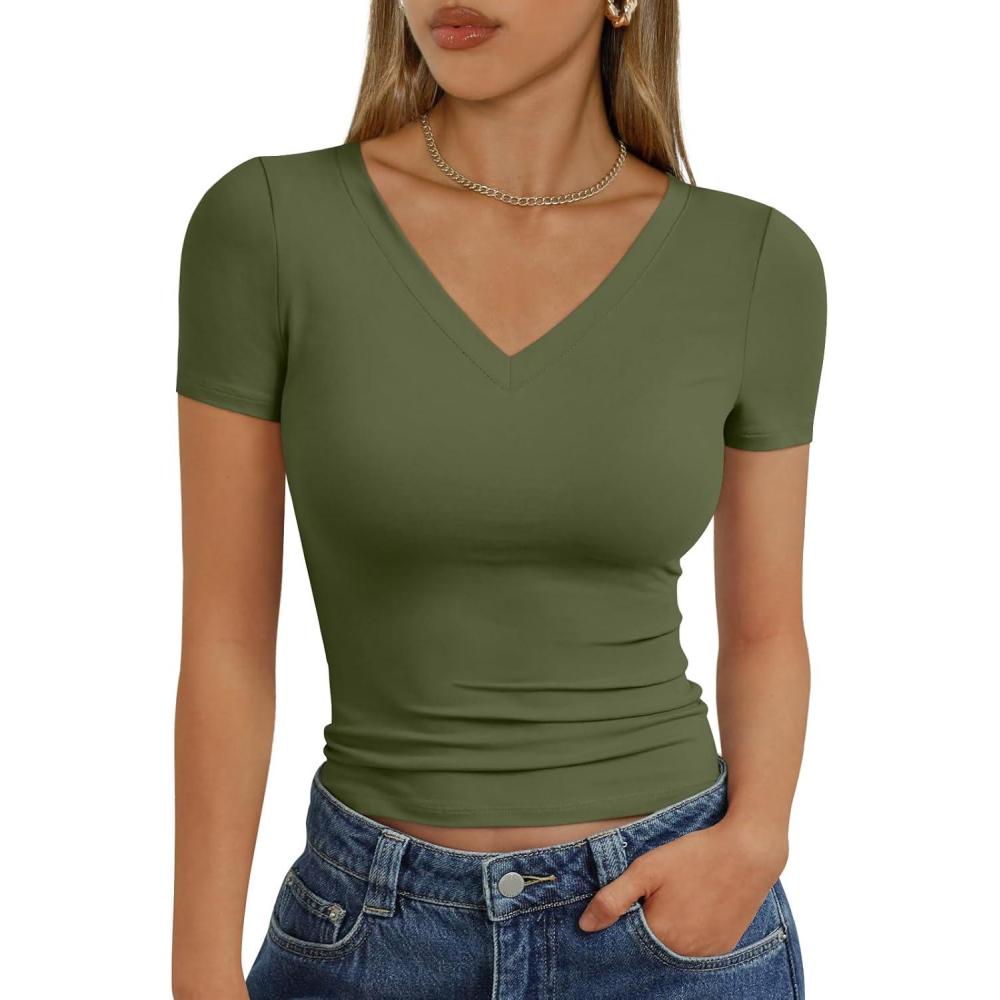 imageTrendy Queen Womens Basic V Neck Short Sleeve T Shirts Slim Fit Crop Y2k Tee 2025 Summer Cute Gym Fashion ClothesArmygreen