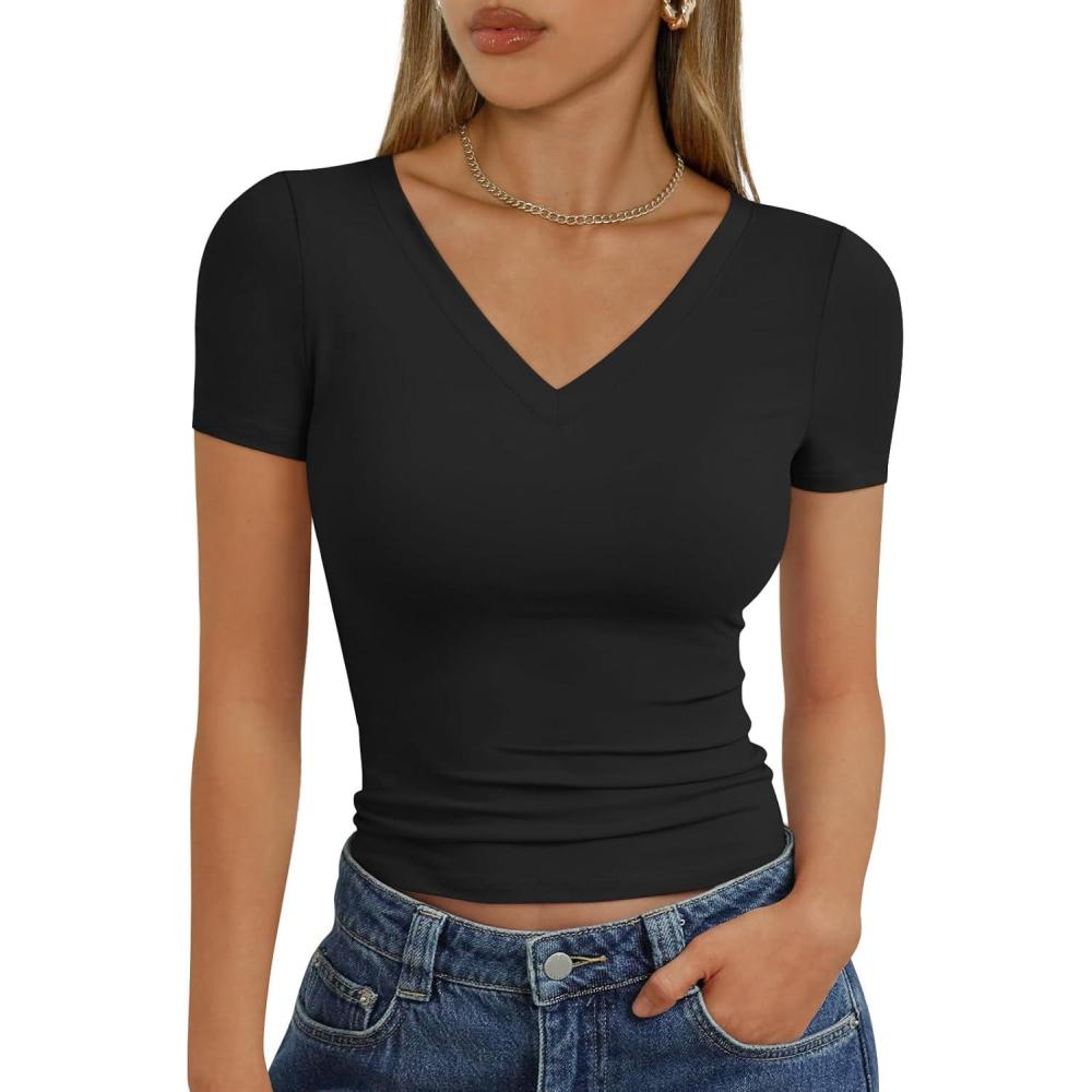 imageTrendy Queen Womens Basic V Neck Short Sleeve T Shirts Slim Fit Crop Y2k Tee 2025 Summer Cute Gym Fashion ClothesBlack