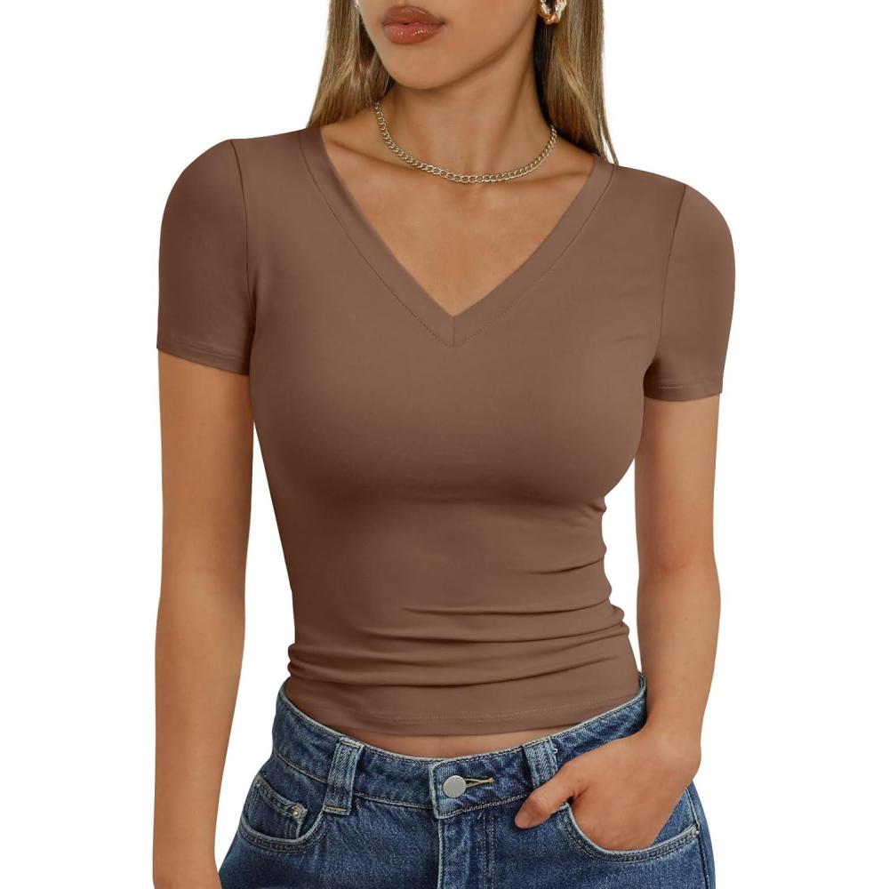 imageTrendy Queen Womens Basic V Neck Short Sleeve T Shirts Slim Fit Crop Y2k Tee 2025 Summer Cute Gym Fashion ClothesCoffee