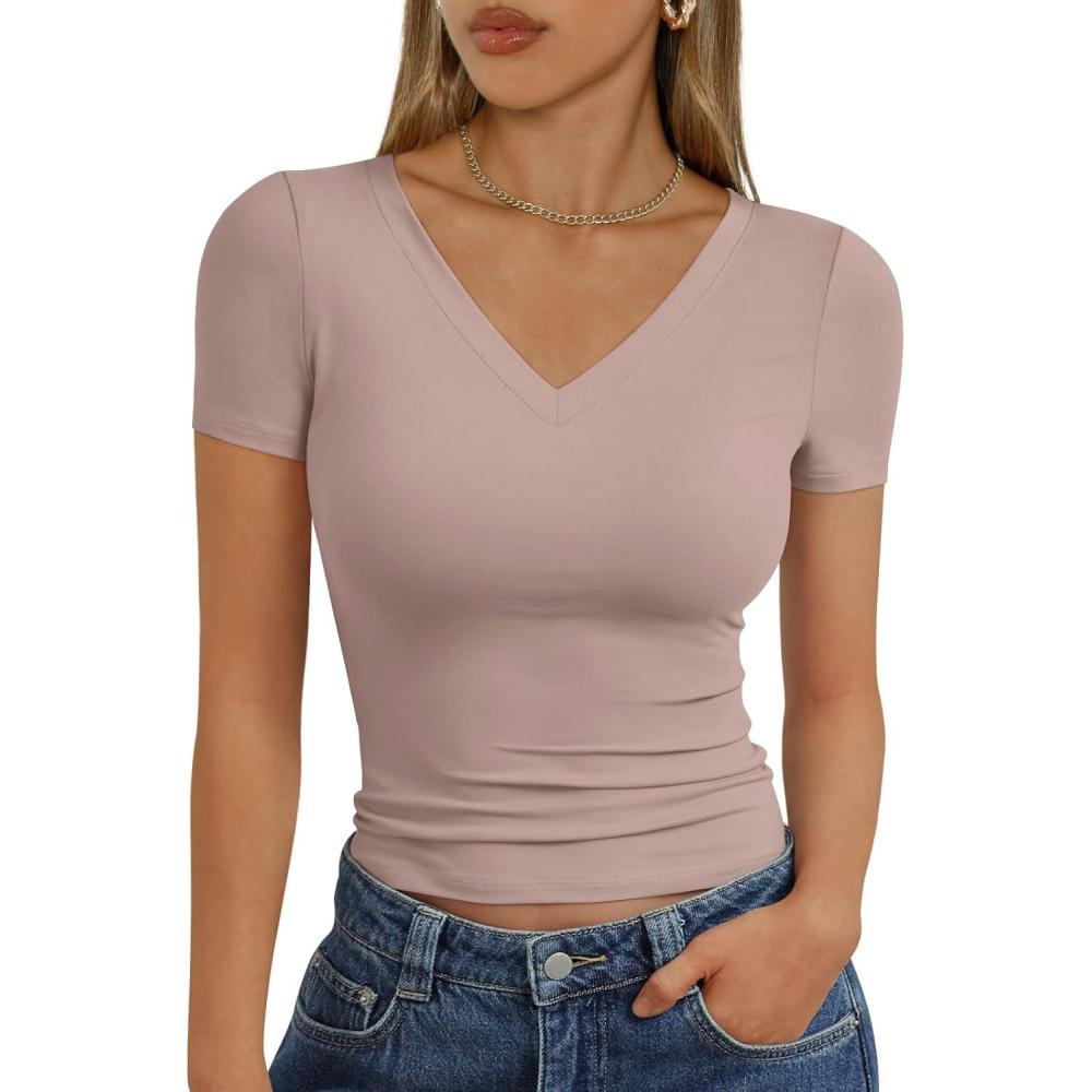 imageTrendy Queen Womens Basic V Neck Short Sleeve T Shirts Slim Fit Crop Y2k Tee 2025 Summer Cute Gym Fashion ClothesNutmeg