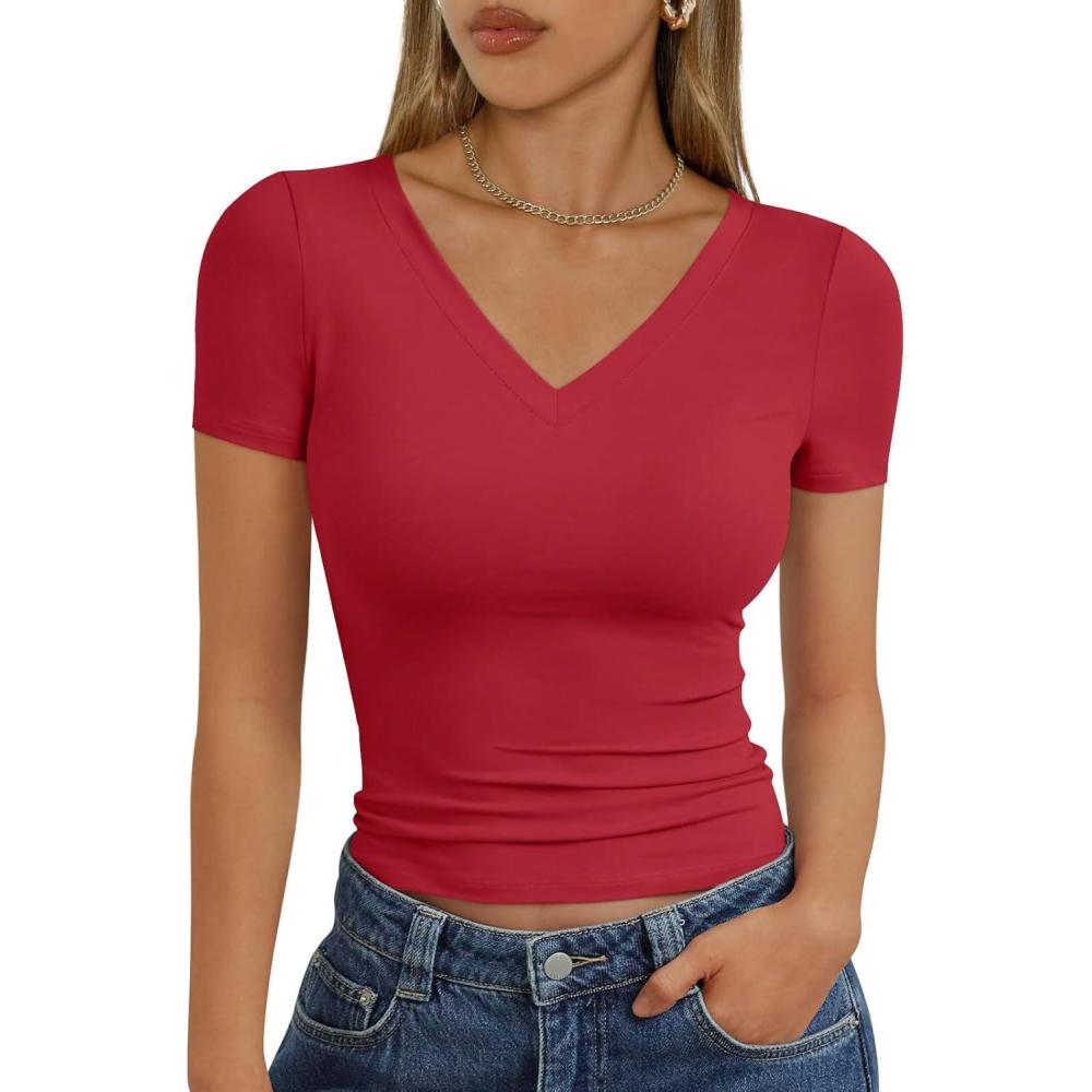 imageTrendy Queen Womens Basic V Neck Short Sleeve T Shirts Slim Fit Crop Y2k Tee 2025 Summer Cute Gym Fashion ClothesRed
