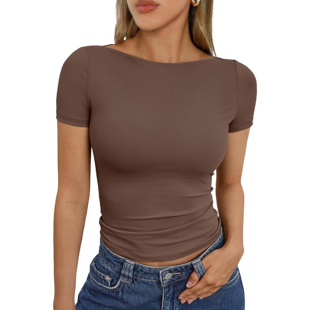 imageTrendy Queen Womens Boat Neck Tops Short Sleeve TShirts Slim Fitted Compression Summer Y2k Basic Clothes 2025Coffee