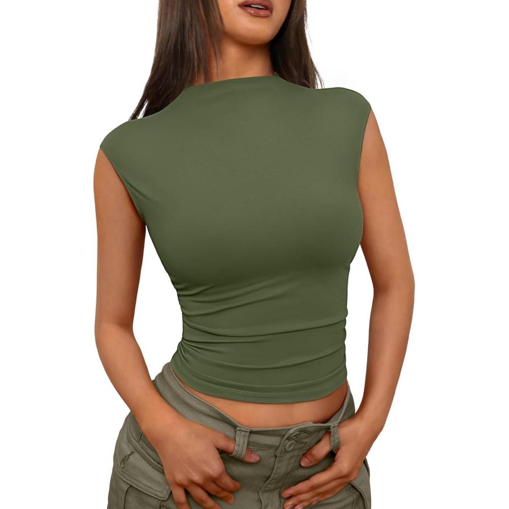 imageTrendy Queen Womens Going Out Basic Tank Tops Mock Neck Spring Clothes Sleeveless Cute Shirts Summer Y2K Sexy Outfits 2025Armygreen