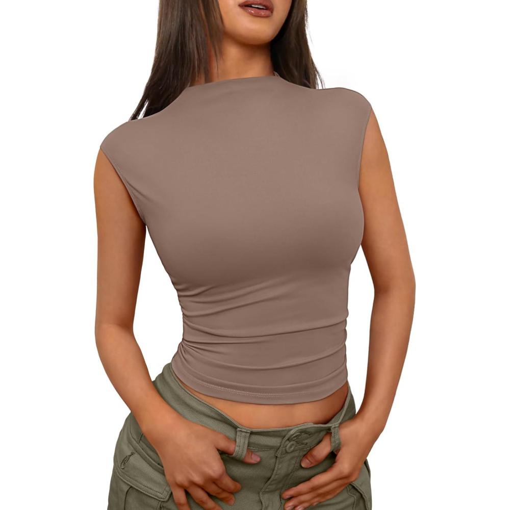 imageTrendy Queen Womens Going Out Basic Tank Tops Mock Neck Spring Clothes Sleeveless Cute Shirts Summer Y2K Sexy Outfits 2025Coffeegrey