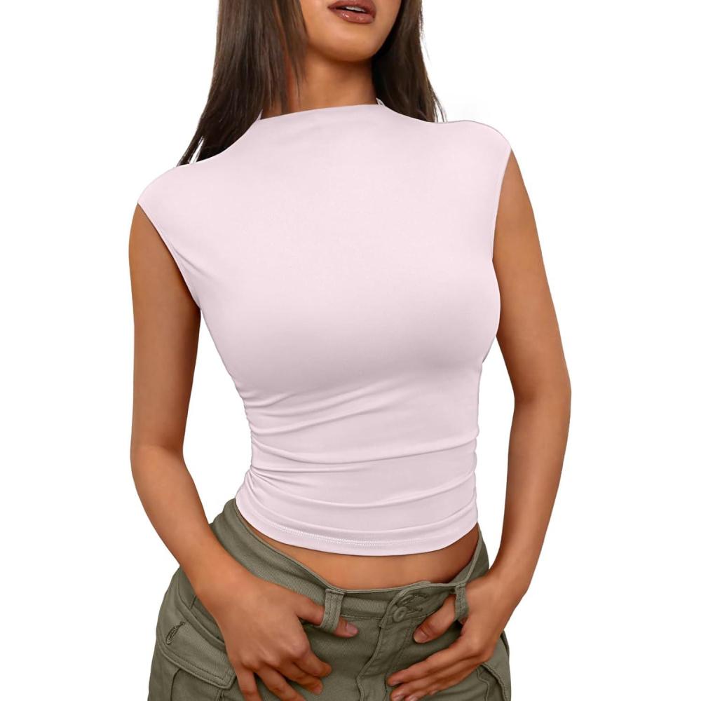 imageTrendy Queen Womens Going Out Basic Tank Tops Mock Neck Spring Clothes Sleeveless Cute Shirts Summer Y2K Sexy Outfits 2025Pink
