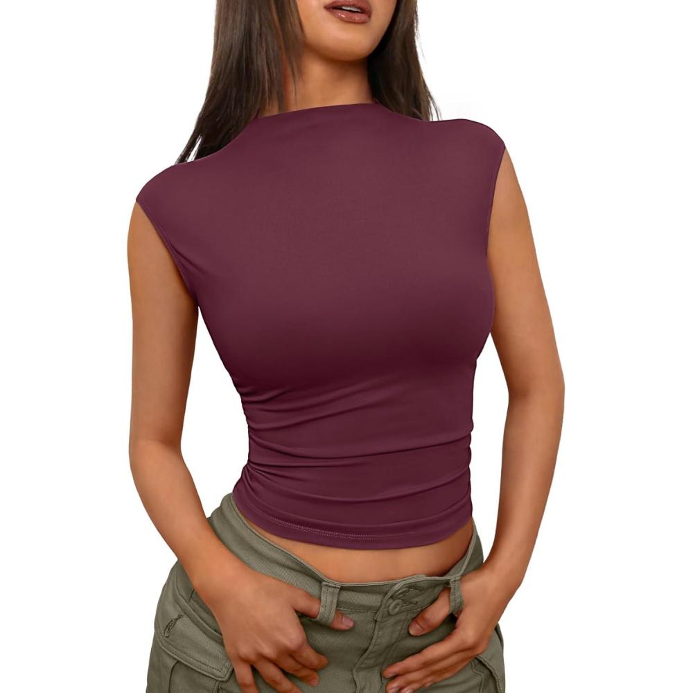 imageTrendy Queen Womens Going Out Basic Tank Tops Mock Neck Spring Clothes Sleeveless Cute Shirts Summer Y2K Sexy Outfits 2025Winered