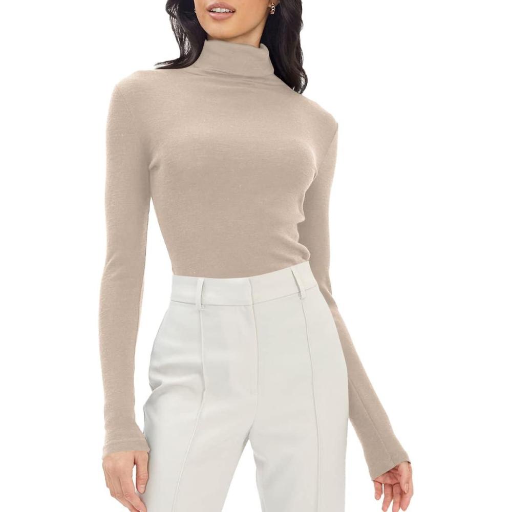 imageTrendy Queen Womens Mock Turtleneck Long Sleeve Shirts Fall Fashion Basic Layering Slim Fit Soft Thermal Underwear TopsBeige