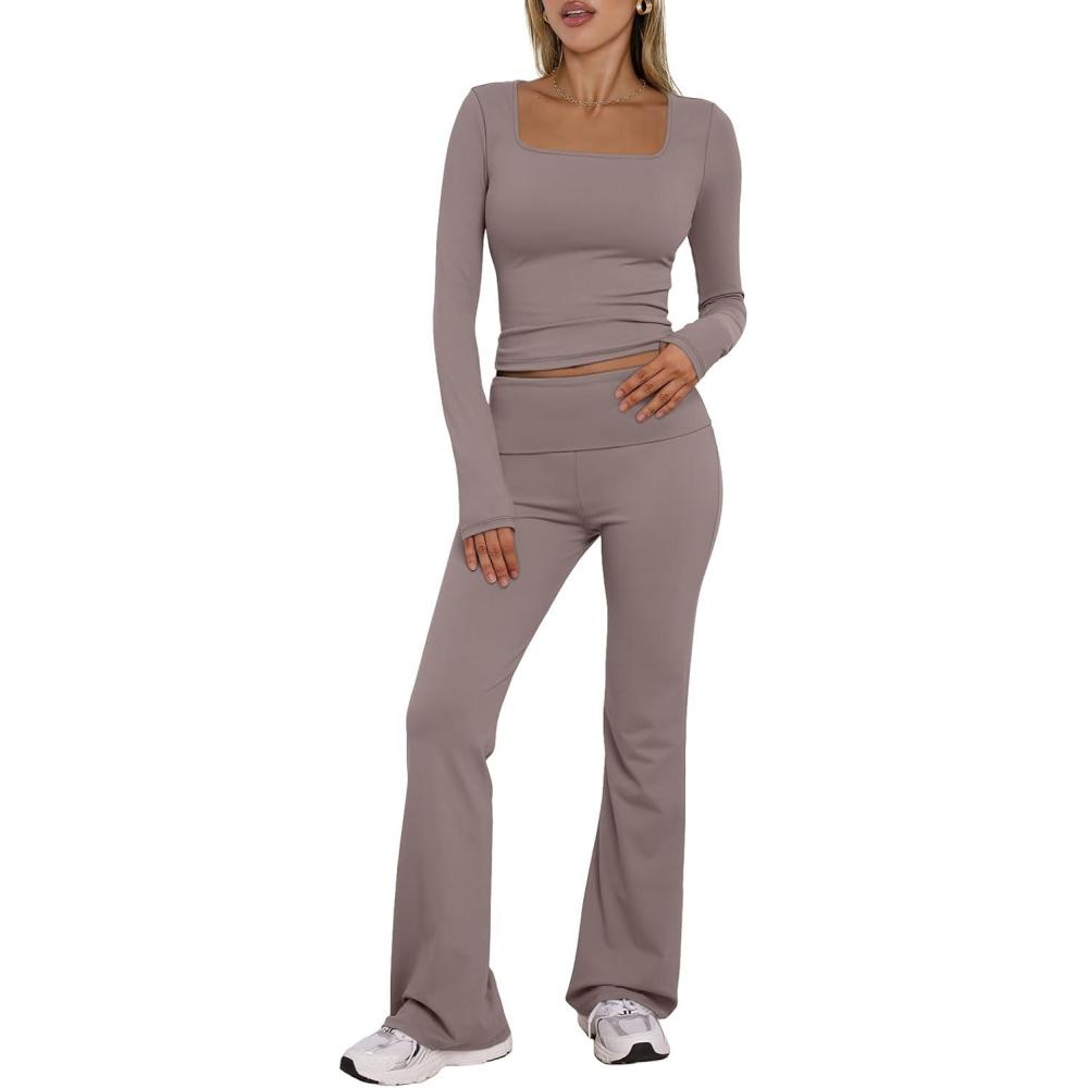 imageTrendy Queen Womens Workout Sets 2 Piece Fall Outfits Square Neck Tops Flare Pants Tracksuits Clothes Winter Fashion 2025Coffeegrey