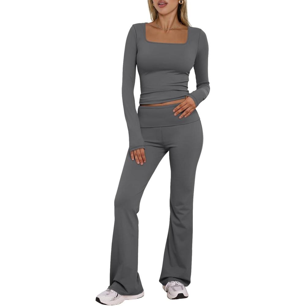imageTrendy Queen Womens Workout Sets 2 Piece Fall Outfits Square Neck Tops Flare Pants Tracksuits Clothes Winter Fashion 2025Darkgrey