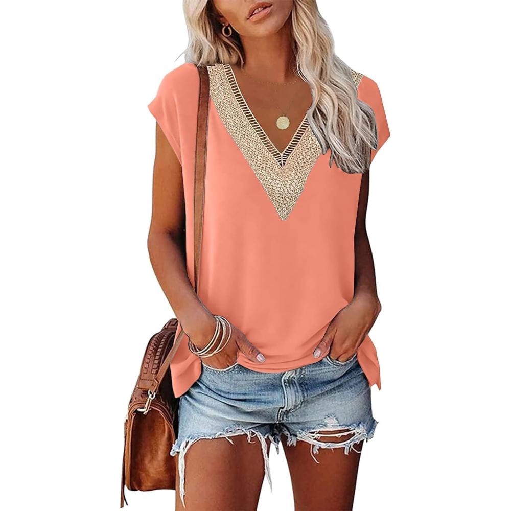 imageWomens Cap Sleeve Summer Tops 2025 Trendy Tank Tops Lace V Neck Loose Fit ShirtsA08pink