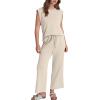 imageSAMPEEL Two Piece Sets for Women Casual Travel Vacation Outfits Summer Wide Leg Crop Pants Lounge SetsBeige