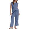 imageSAMPEEL Two Piece Sets for Women Casual Travel Vacation Outfits Summer Wide Leg Crop Pants Lounge SetsBlue