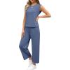 imageSAMPEEL Two Piece Sets for Women Casual Travel Vacation Outfits Summer Wide Leg Crop Pants Lounge SetsBlue