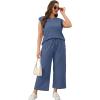 imageSAMPEEL Two Piece Sets for Women Casual Travel Vacation Outfits Summer Wide Leg Crop Pants Lounge SetsBlue