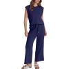 imageSAMPEEL Two Piece Sets for Women Casual Travel Vacation Outfits Summer Wide Leg Crop Pants Lounge SetsDark Blue