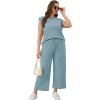 imageSAMPEEL Two Piece Sets for Women Casual Travel Vacation Outfits Summer Wide Leg Crop Pants Lounge SetsLake Blue