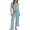 imageSAMPEEL Two Piece Sets for Women Casual Travel Vacation Outfits Summer Wide Leg Crop Pants Lounge SetsLake Blue
