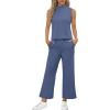 imageSAMPEEL Two Piece Sets for Women Summer Outfits Lounge Sets Mock Neck Tops Wide Leg Crop Pants Vacation Travel OutfitsBlue