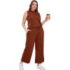 imageSAMPEEL Two Piece Sets for Women Summer Outfits Lounge Sets Mock Neck Tops Wide Leg Crop Pants Vacation Travel OutfitsCaramel