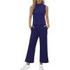 imageSAMPEEL Two Piece Sets for Women Summer Outfits Lounge Sets Mock Neck Tops Wide Leg Crop Pants Vacation Travel OutfitsDark Blue