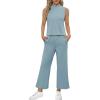 imageSAMPEEL Two Piece Sets for Women Summer Outfits Lounge Sets Mock Neck Tops Wide Leg Crop Pants Vacation Travel OutfitsLake Blue