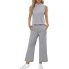 imageSAMPEEL Two Piece Sets for Women Summer Outfits Lounge Sets Mock Neck Tops Wide Leg Crop Pants Vacation Travel OutfitsLight Gray