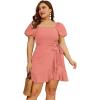imageSAMPEEL Womens Summer Dresses Square Neck Puff Sleeve Tie Waist Short DressCoral