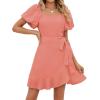 imageSAMPEEL Womens Summer Dresses Square Neck Puff Sleeve Tie Waist Short DressCoral