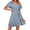 imageSAMPEEL Womens Summer Dresses Square Neck Puff Sleeve Tie Waist Short DressFloral Blue