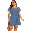 imageSAMPEEL Womens Summer Dresses Square Neck Puff Sleeve Tie Waist Short DressHaze Blue