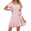 imageSAMPEEL Womens Summer Dresses Square Neck Puff Sleeve Tie Waist Short DressPink Leopard