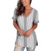 imageSAMPEEL Womens V Neck T Shirts Casual Rolled Short Sleeve Side Split Summer Tops Loose Fit300vertical Strp