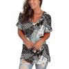 imageSAMPEEL Womens V Neck T Shirts Casual Rolled Short Sleeve Side Split Summer Tops Loose Fit30stripeprint