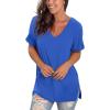 imageSAMPEEL Womens V Neck T Shirts Casual Rolled Short Sleeve Side Split Summer Tops Loose FitBlue