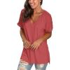 imageSAMPEEL Womens V Neck T Shirts Casual Rolled Short Sleeve Side Split Summer Tops Loose FitBrickred