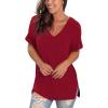 imageSAMPEEL Womens V Neck T Shirts Casual Rolled Short Sleeve Side Split Summer Tops Loose FitBurgundy